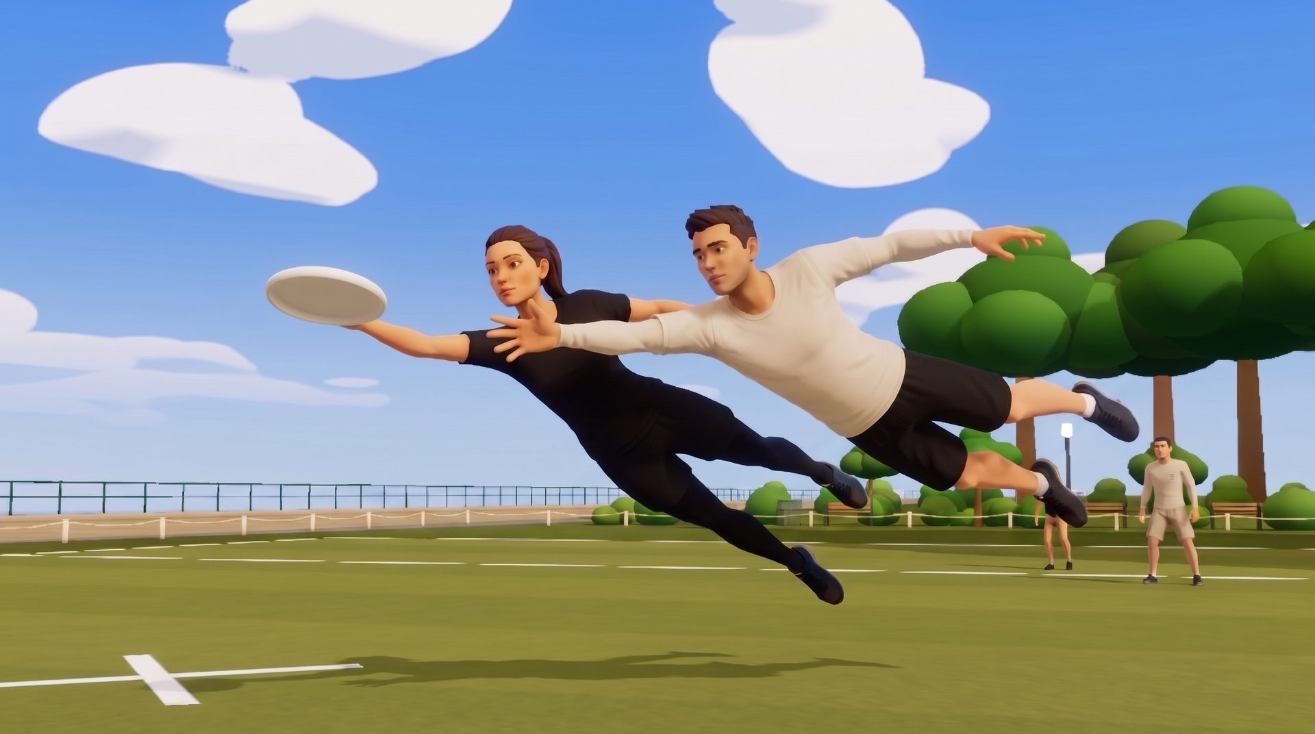 Two players laying out full-length for the disc